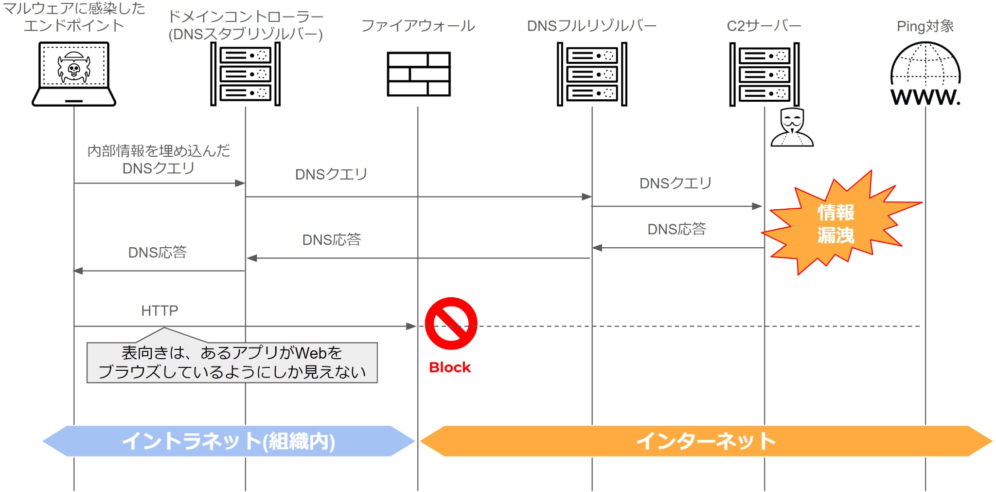 図4. HTTPアクセスを装ったDNSトンネリングによる情報送信の例